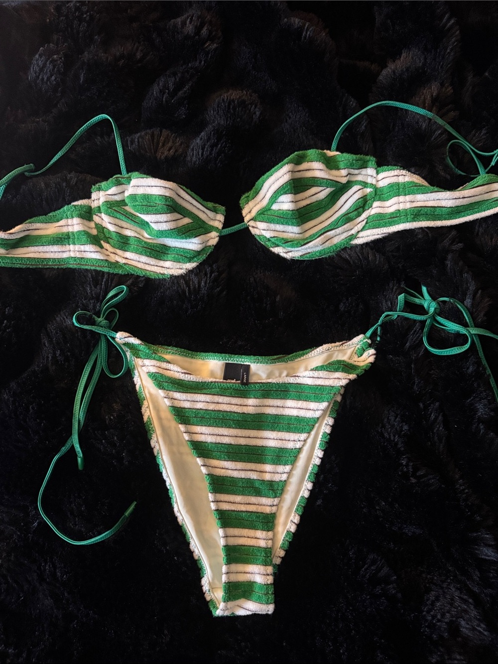 Triangl swim Green & White Striped Bikini Two-Piece. Size XL top/L bottom